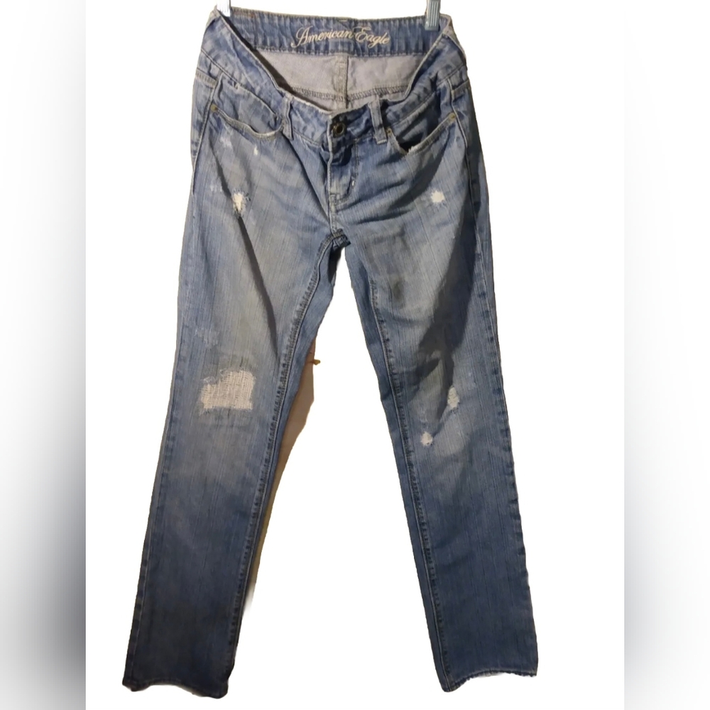 American Eagle 77 Straight Leg Jeans Womens Size 0 Low Rise Distressed Blue